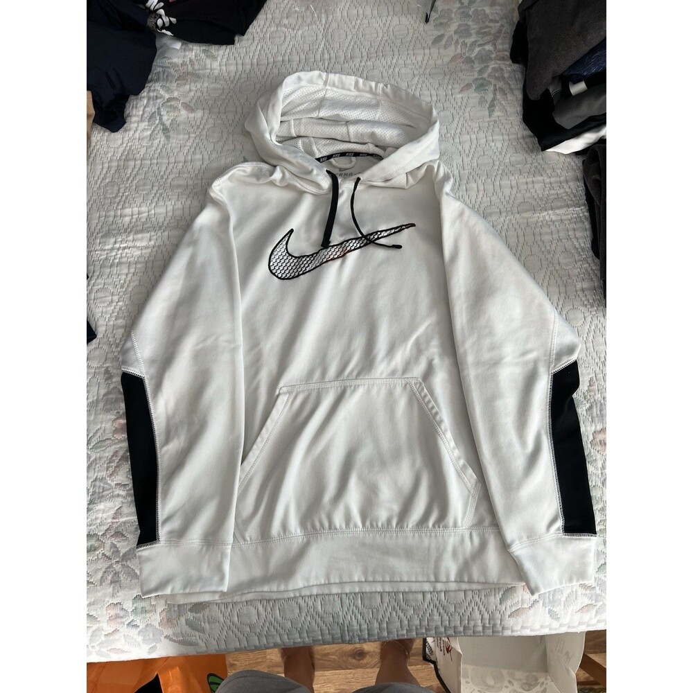 Nike Therma-FIT White Pullover Hoodie Mens Size Medium Swoosh Bleached Flaw